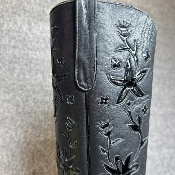 Liberty Boot Co Black Leather Cowboy Boots Sz 7B Tall Floral Cutout Western - Picture 11 of 15